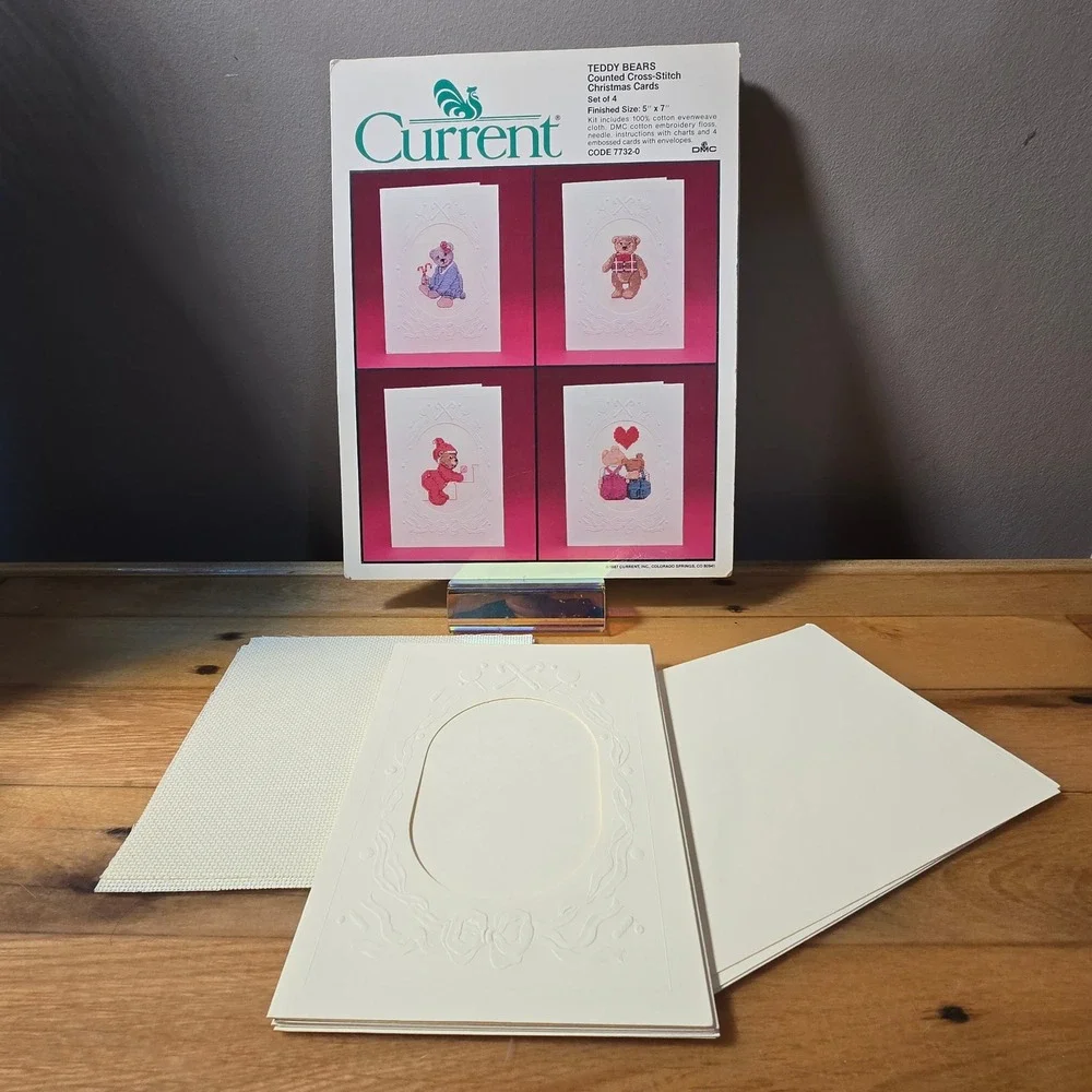 Vintage 1987 Current Teddy Bears Counted Cross Stitch Christmas Cards Kit 7732-0